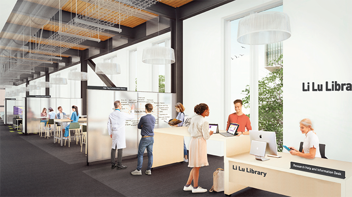 Rendering of people using the library space.