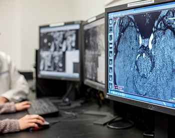 Closeup image of two individuals looking at three computer screens containing test imagery.
